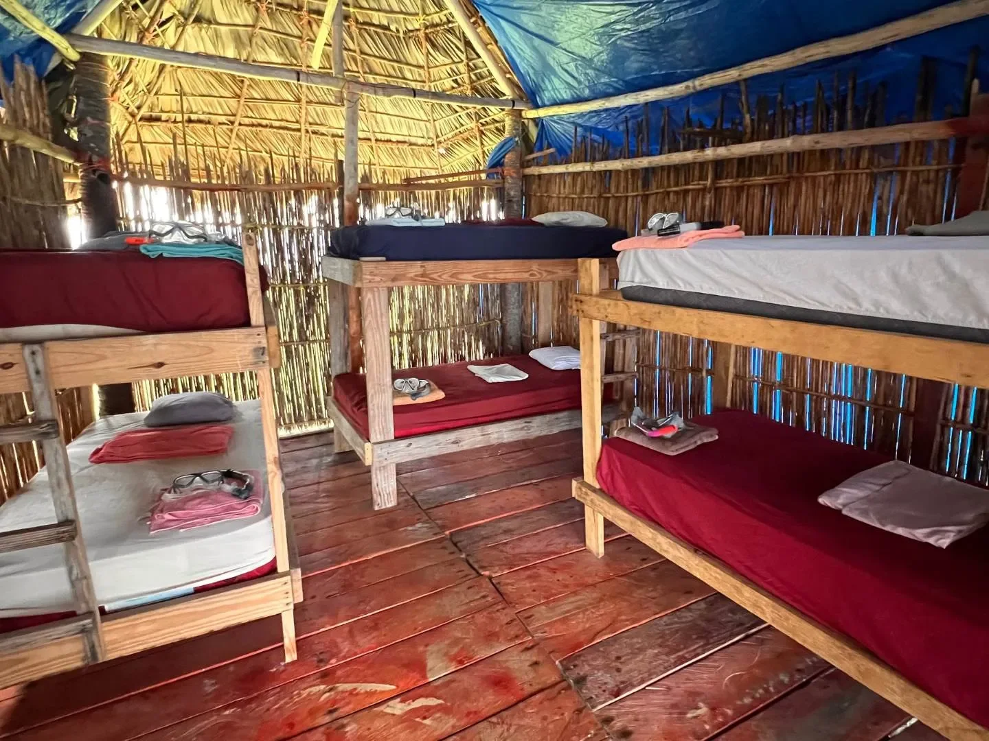 Aerial view of shared cabins on the beach